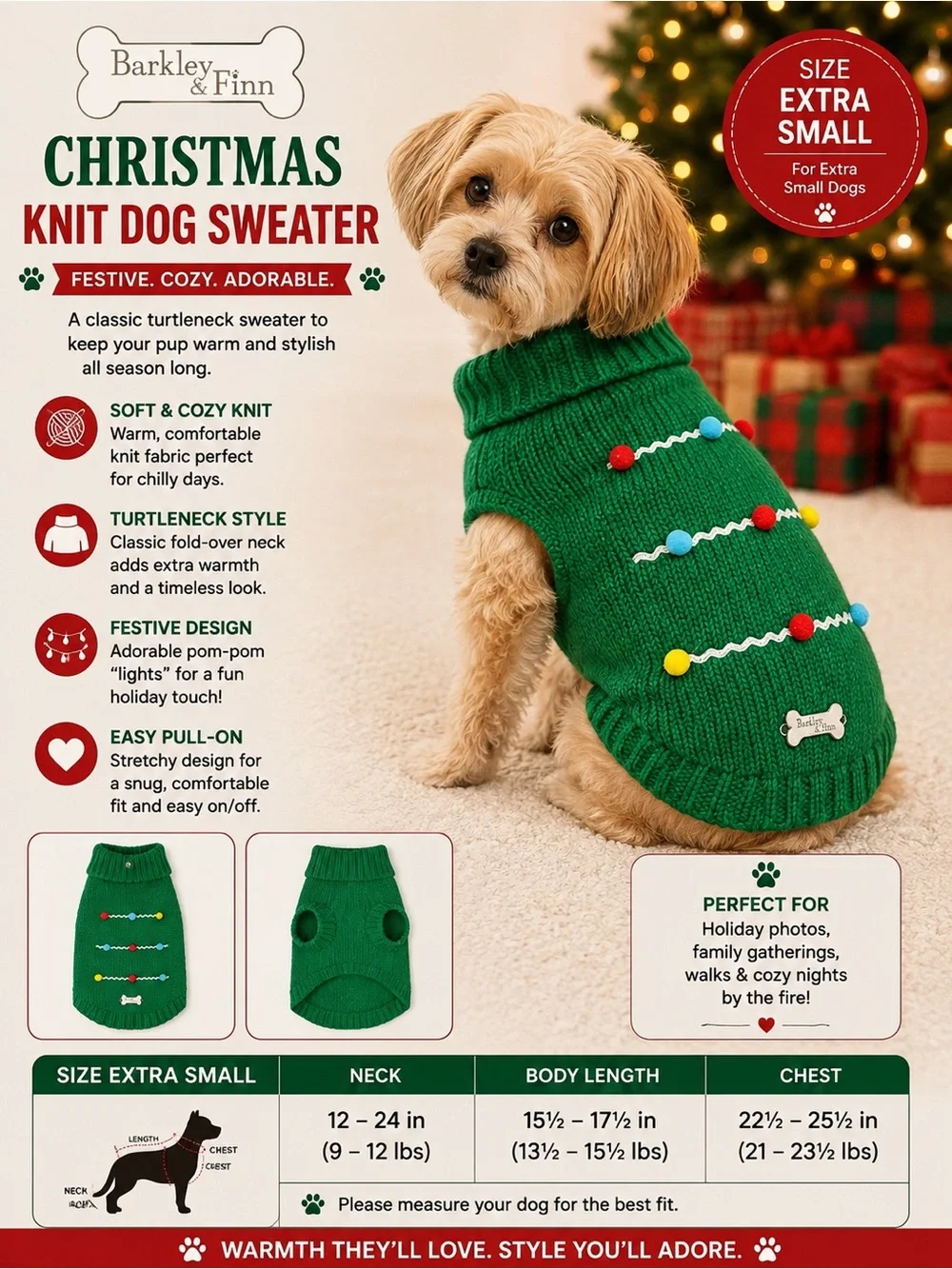Green Christmas Knit Dog Sweater - Extra Small